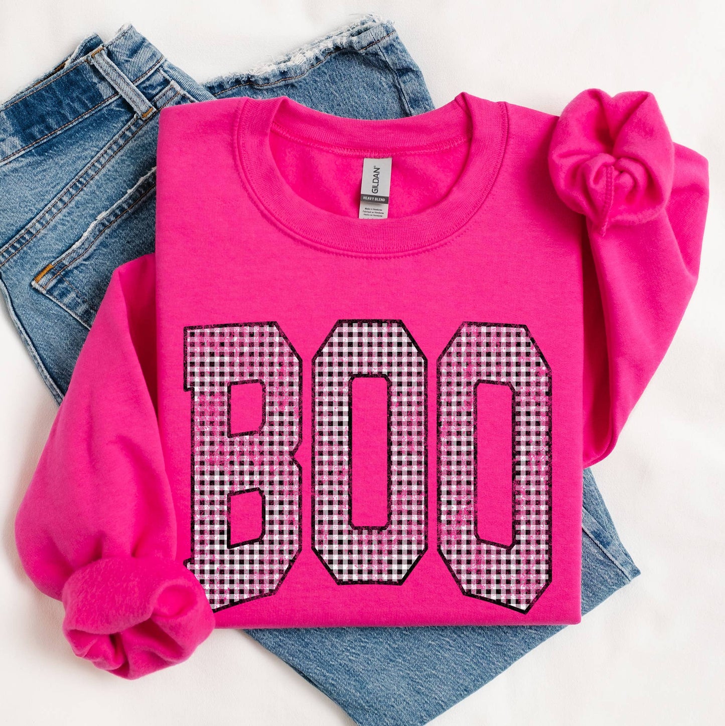Gingham BOO Sweatshirt | Cute Halloween Varsity Crewneck