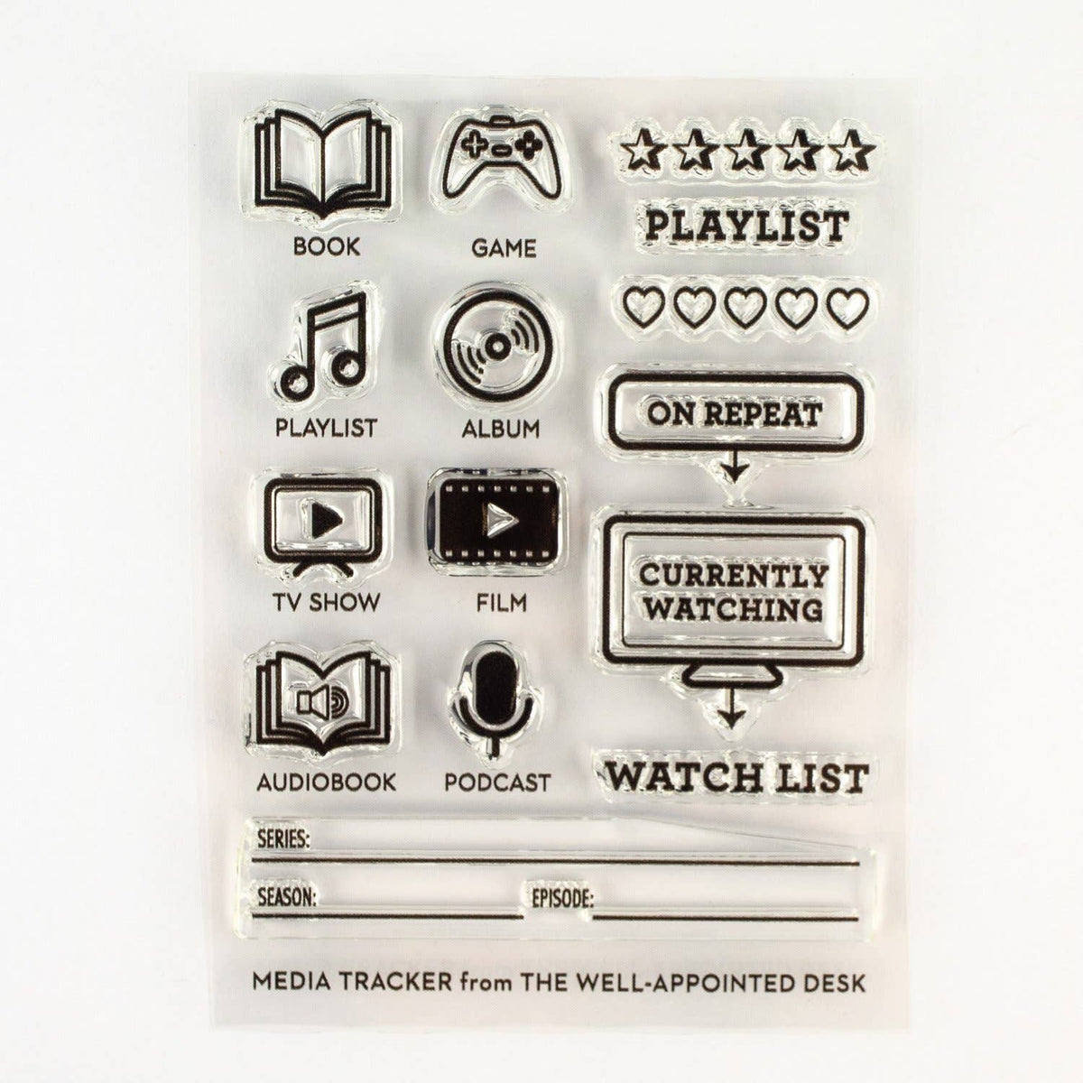 Media Tracker Film, Tv, Books, Podcasts, Music - 3"x4" Clear Stamp Set