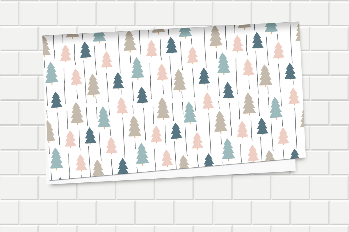 Patterned wrapping paper with tree design on a tiled wall background
