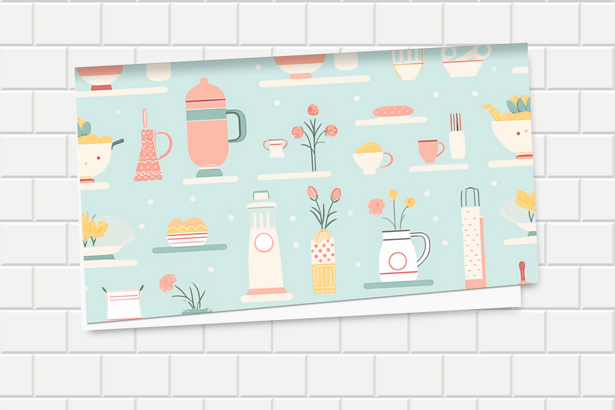 Decorative wrapping paper with pastel-colored kitchen items on a light blue background