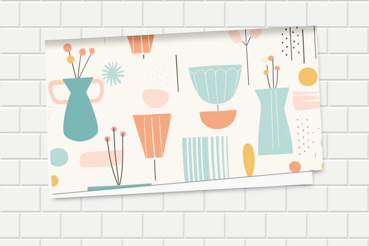 Decorative paper with abstract vase and plant designs on a tiled wall background