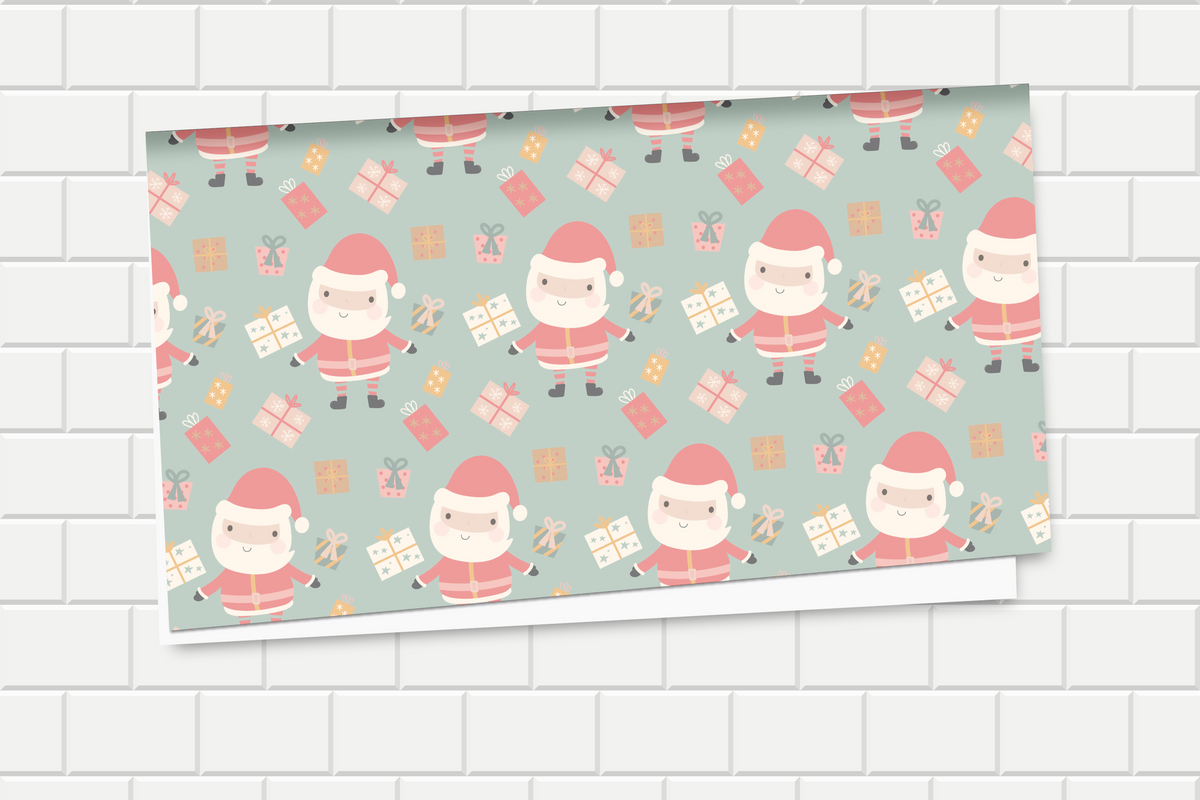 Patterned wrapping paper with Santa Claus and presents on a light blue background