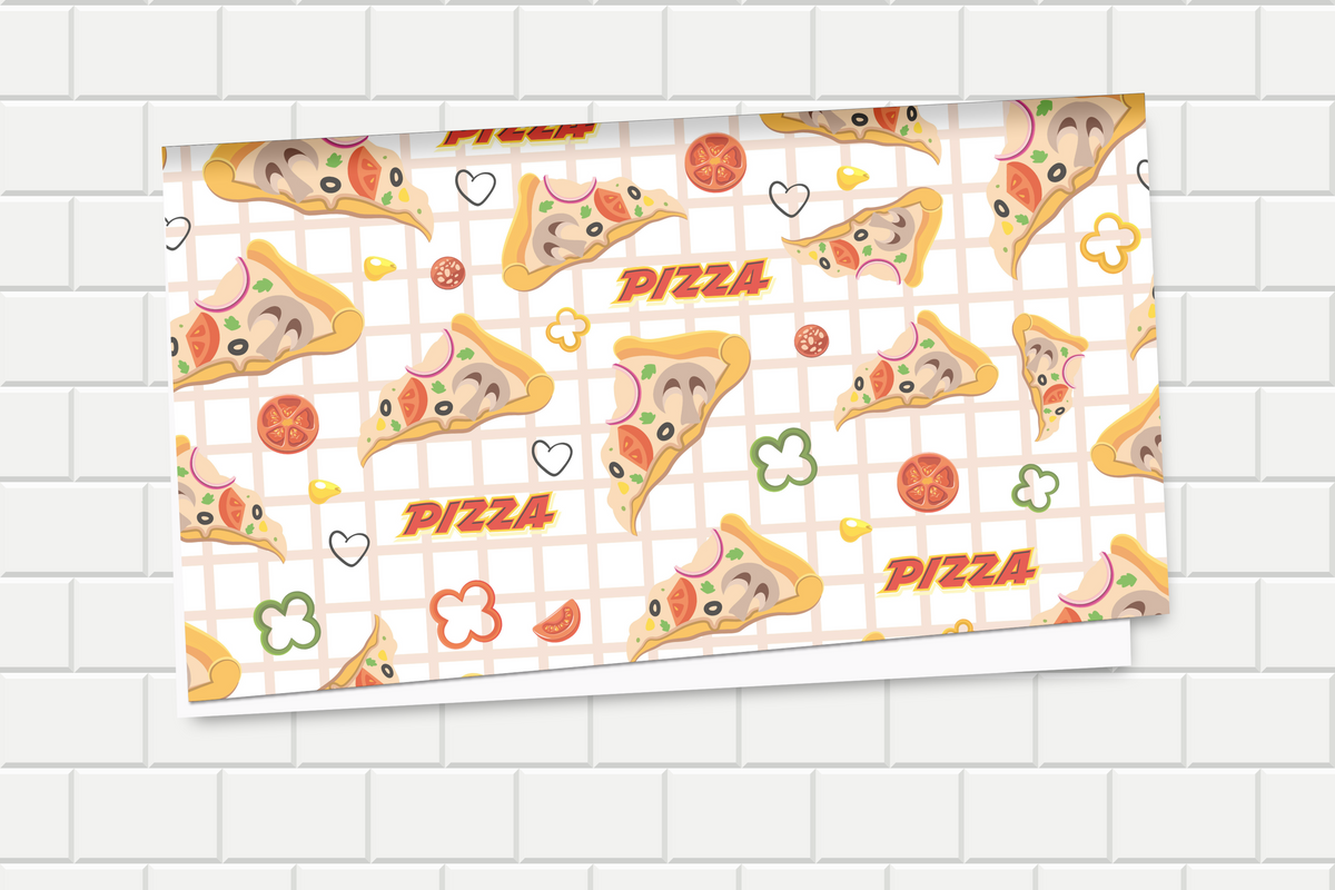 Decorative wrapping paper with pizza slices and 'Pizza' text on a tiled floor