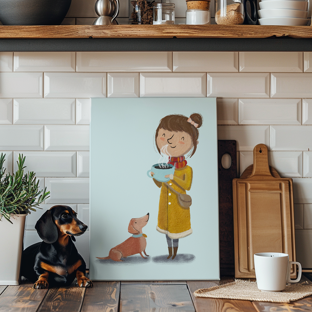 Girl And Coffee And Dachshund Art Print