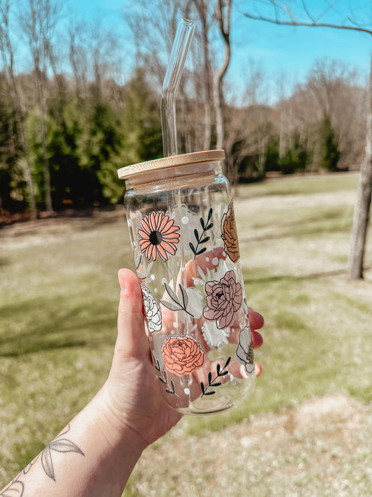Vintage Floral Glass Can Cup 20oz