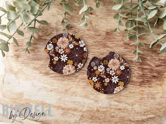 Fall Floral Webs Car Coasters Set of 2