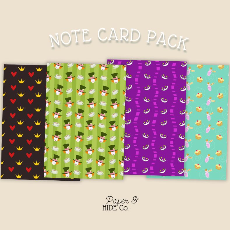 Note card pack with colorful patterns on a beige background, featuring the brand 'Paper & Hide Co'.