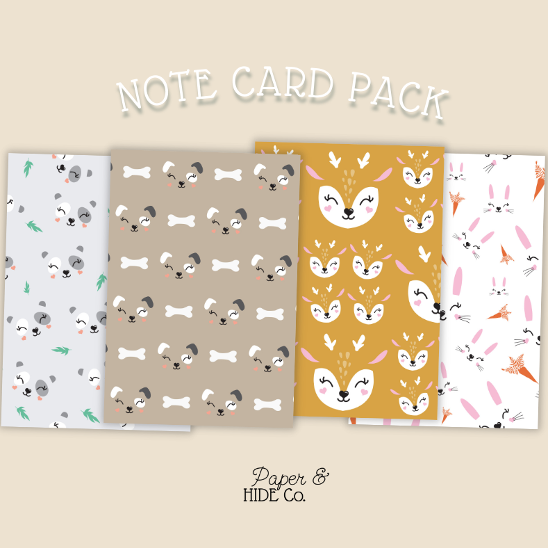 Note card pack with animal-themed designs on a beige background, featuring the brand 'Paper & Hide Co'.