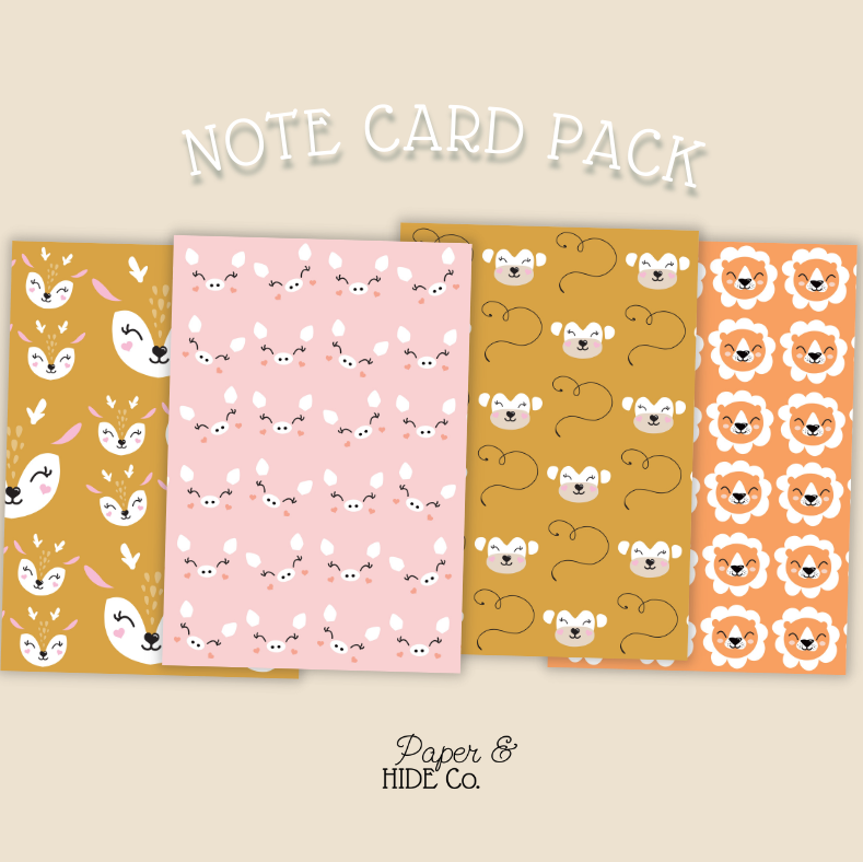 Note card pack with animal patterns on a beige background, featuring the brand 'Paper & Hide Co'.