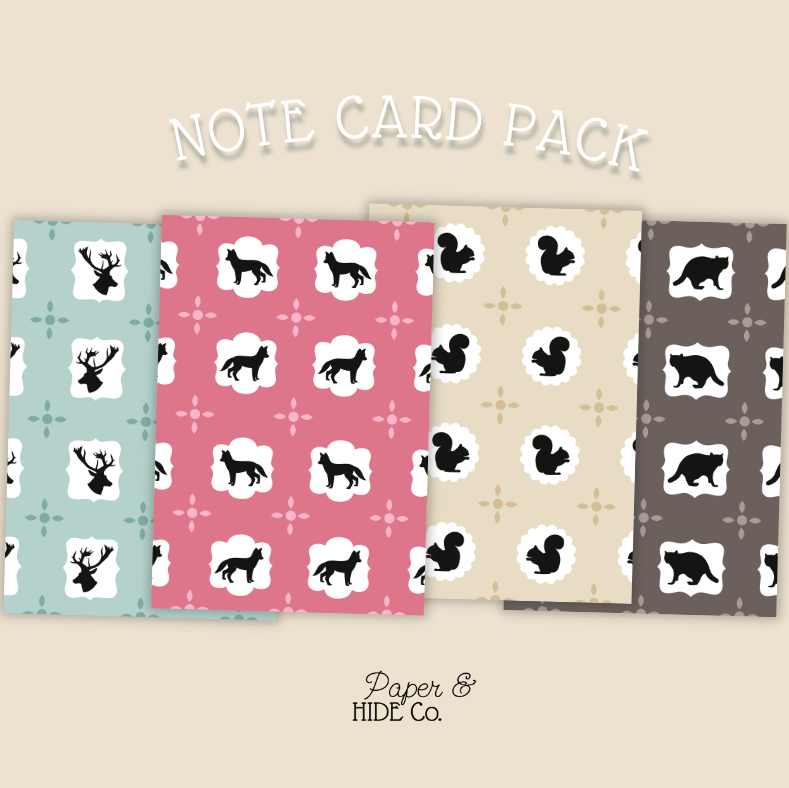 Note card pack with animal patterned cards on a beige background, featuring the brand 'Paper & Hide Co'.