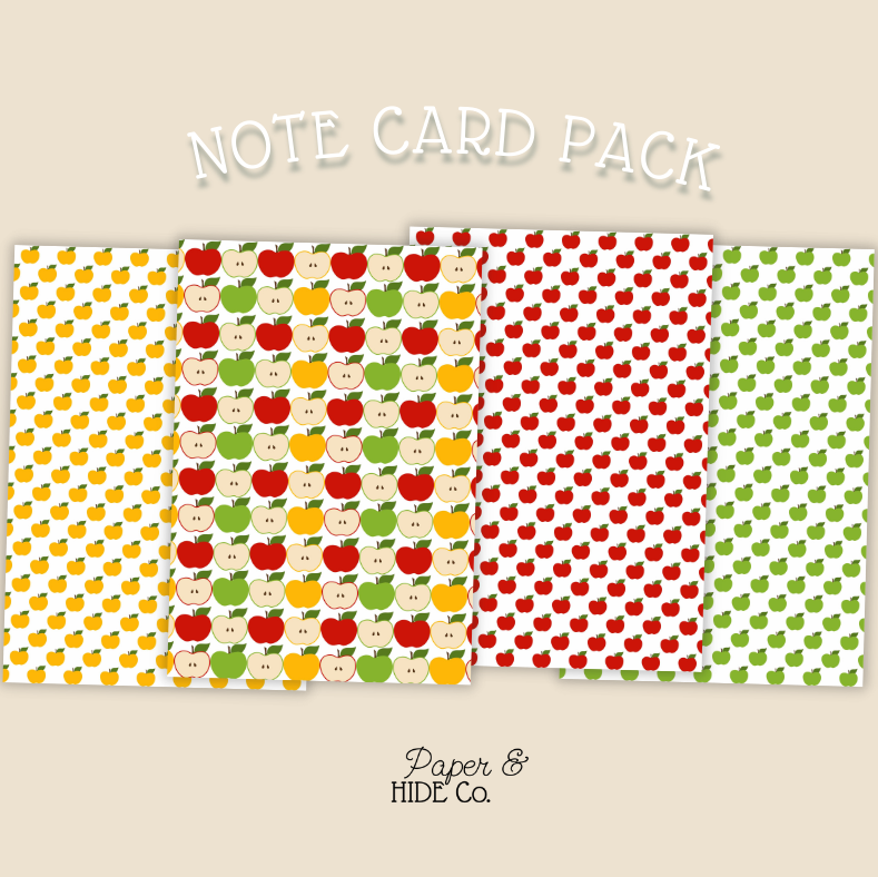 Note card pack with various apple patterns on a beige background, featuring the brand 'Paper & Hide Co'.