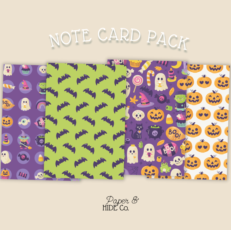 Note card pack with Halloween-themed designs on a beige background, featuring the brand 'Paper & Hide Co'.
