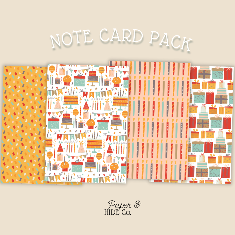 Note card pack with various patterns on a beige background, featuring the brand 'Paper & Hide Co'.