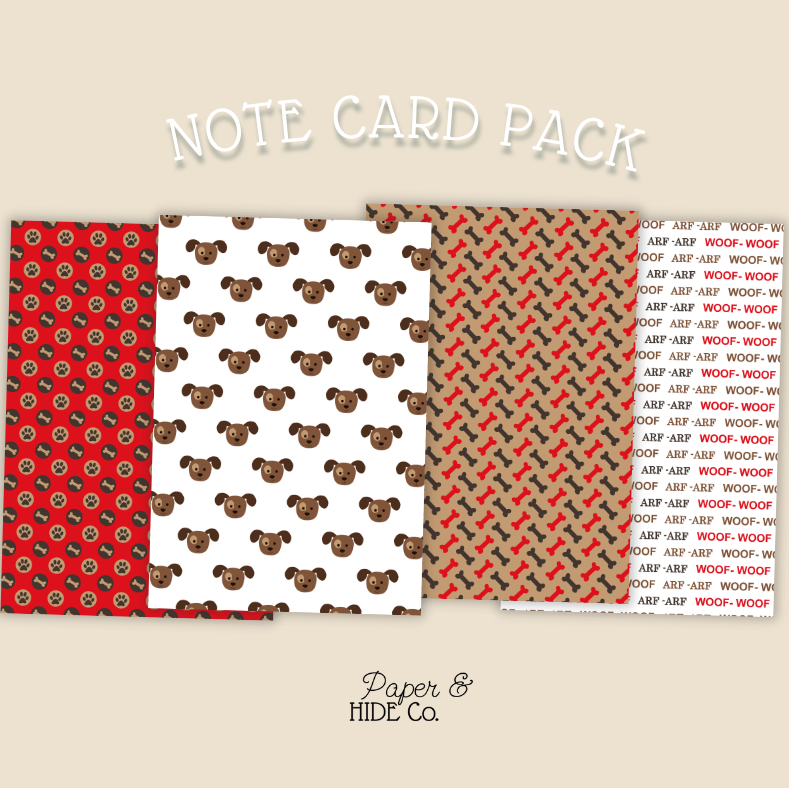 Note card pack with puppy pattern and text design on a beige background