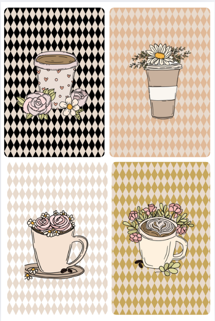 Four illustrated tea cups with floral designs on patterned backgrounds