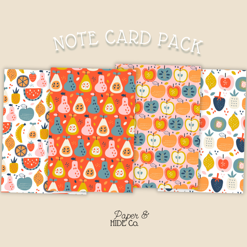 Note card pack with colorful fruit patterns on a beige background, featuring the brand 'Paper & Hide Co'.