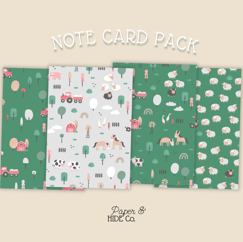 Note card pack with farm-themed designs on a beige background, featuring the brand 'Paper & Hide Co'.