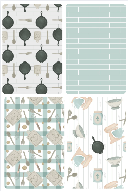 Collection of kitchen-themed patterns including pots, pans, utensils, and plaid designs.