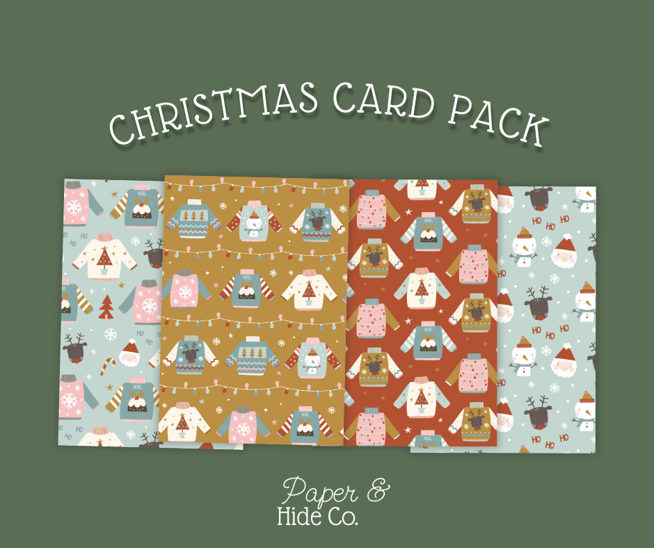 Christmas card pack with patterned cards on a green background, featuring the brand 'Paper & Hide Co.'