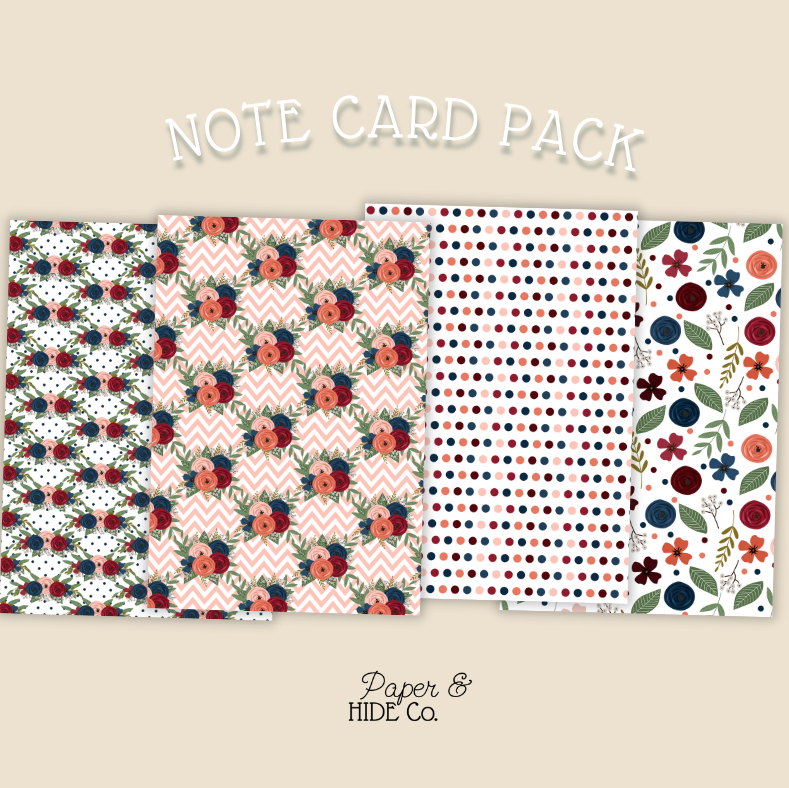 Note card pack with floral and polka dot patterns on a beige background, featuring the brand 'Paper & Hide Co'.