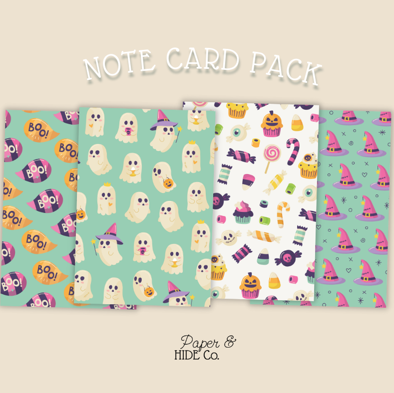Note card pack with Halloween-themed designs on a beige background