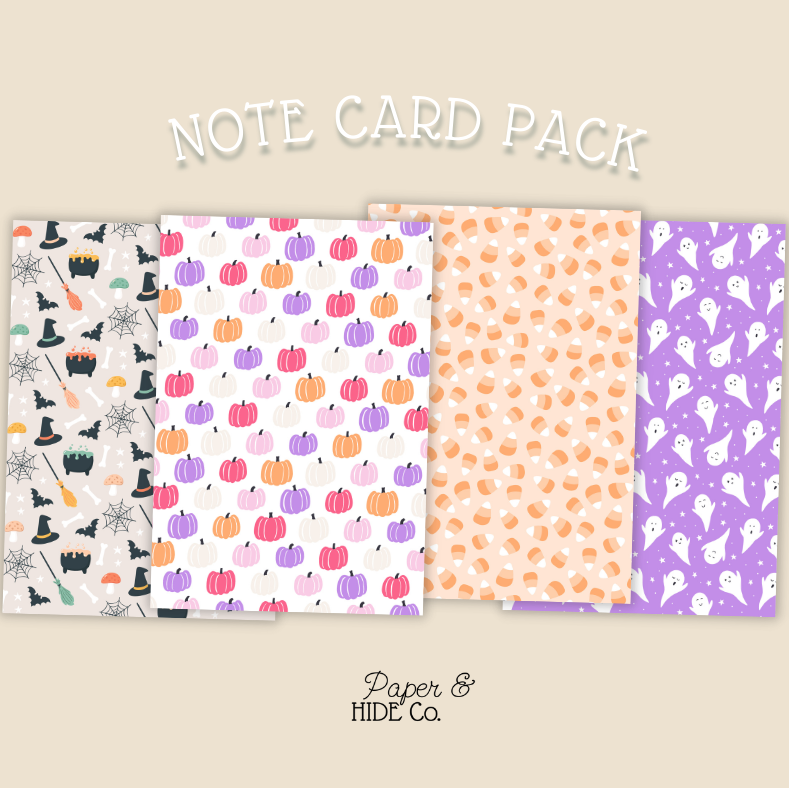 Note card pack with Halloween-themed designs on a beige background, featuring the brand 'Paper & Hide Co'.
