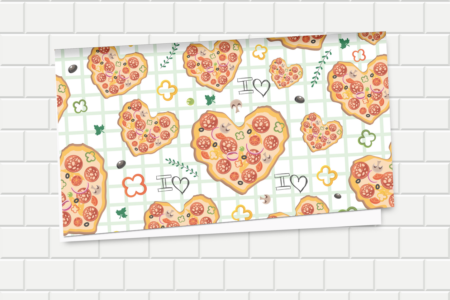 Wrapping paper with heart-shaped pizza design on a tiled surface