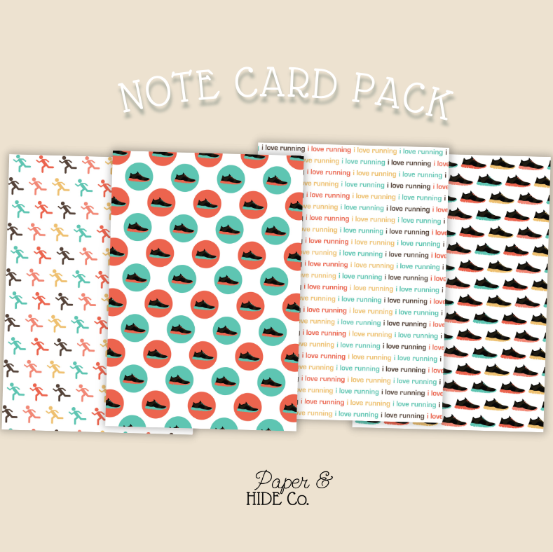 Note card pack with various designs on a beige background, featuring the brand 'Paper & Hide Co'.
