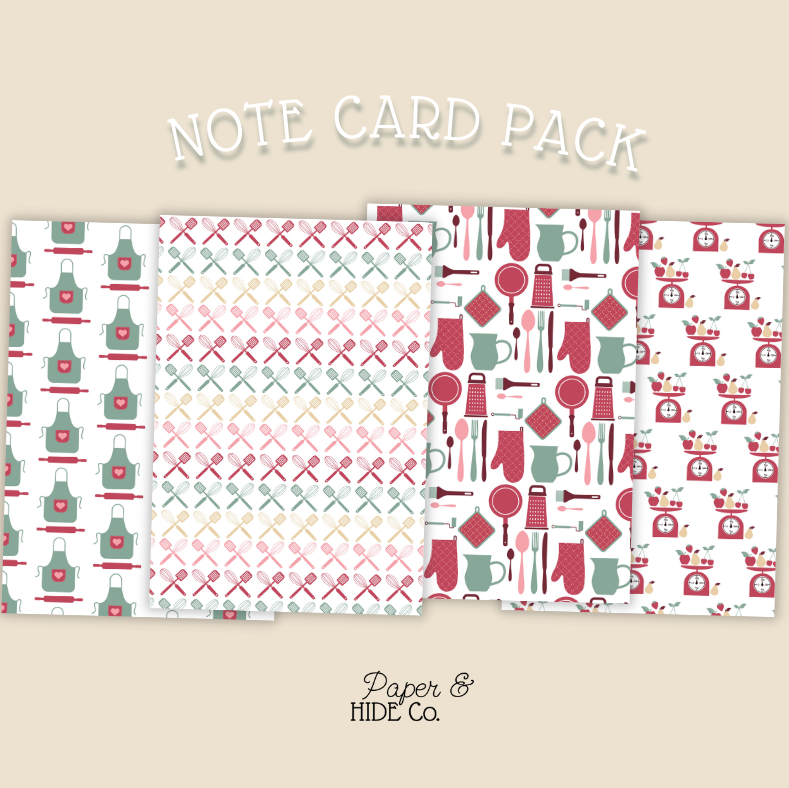 Note card pack with various patterns on a beige background, featuring the brand 'Paper & Hide Co'.