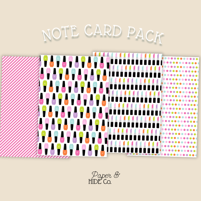 Note card pack with various patterns on a beige background, featuring the brand 'Paper & Hide Co'.