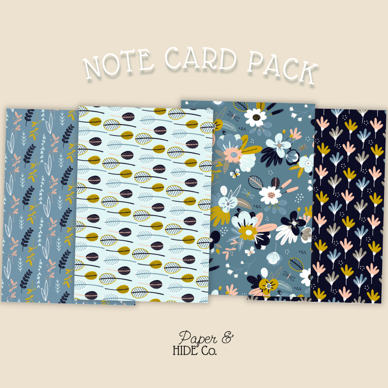Note card pack with various patterns on a beige background, featuring the brand 'Paper & Hide Co'.
