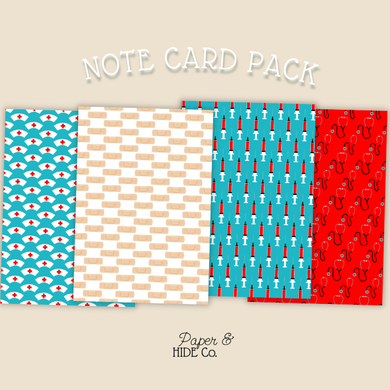 Note card pack with four different designs on a beige background, featuring the brand 'Paper & Hide Co'.