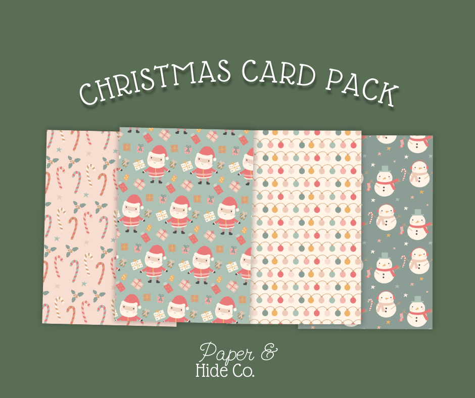 Christmas card pack with various patterns on a green background, featuring the brand 'Paper & Hide Co.'