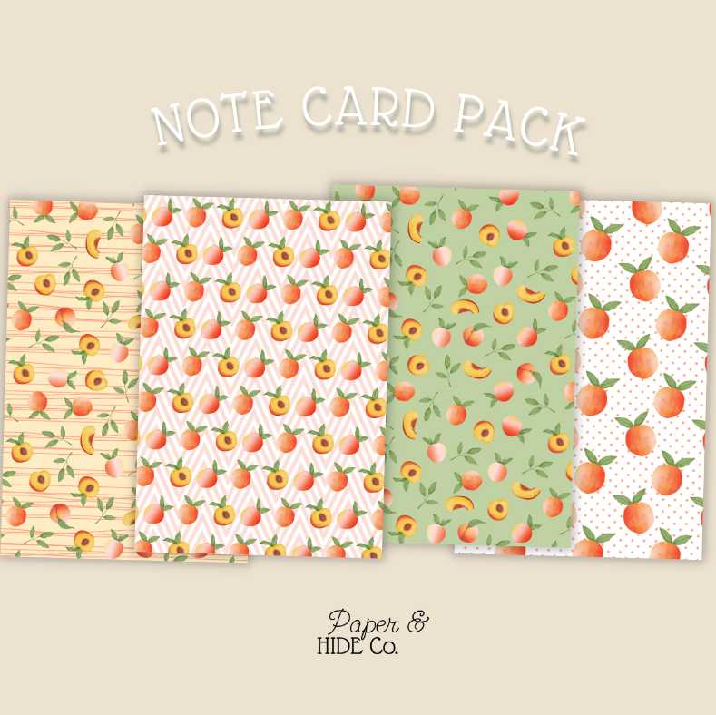 Note card pack with peach patterns on a beige background, featuring the brand 'Paper & Hide Co'.