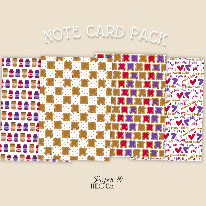 Note card pack with various designs on a beige background, featuring the brand 'Paper & Hide Co'.