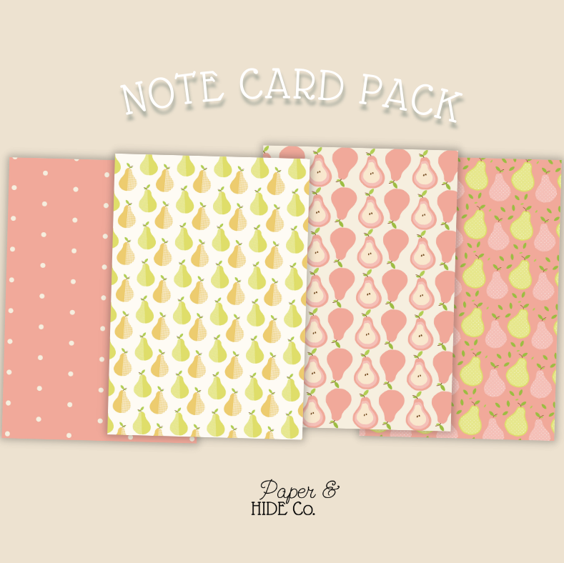 Note card pack with various patterns on a beige background, featuring the brand 'Paper & Hide Co'.