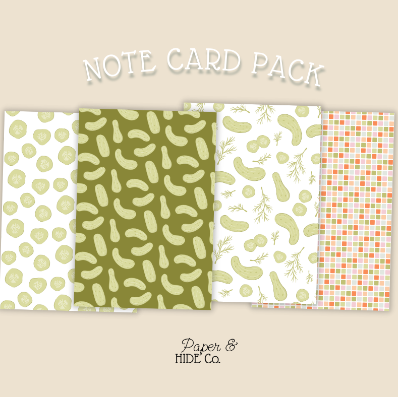 Note card pack with various patterns on a beige background, featuring the brand 'Paper & Hide Co'.