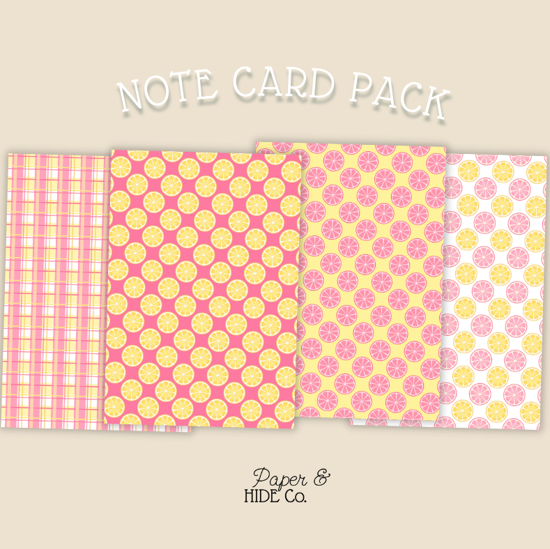 Note card pack with pink and yellow patterns on a beige background, featuring the brand 'Paper & Hide Co'.