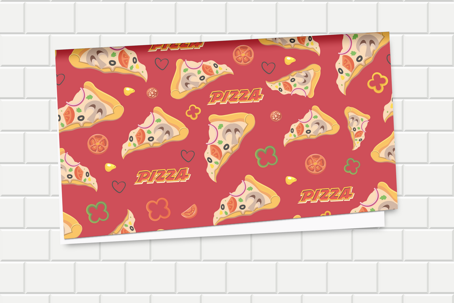 Red paper with pizza slice pattern on a tiled wall background