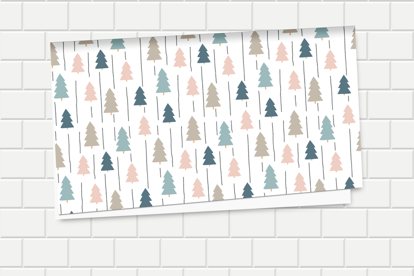 Patterned wrapping paper with tree design on a tiled wall background