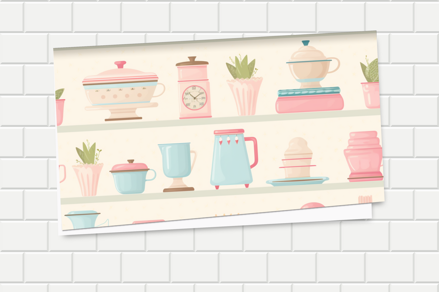 Decorative kitchen backsplash with pastel-colored kitchenware and plants on a white tiled wall.