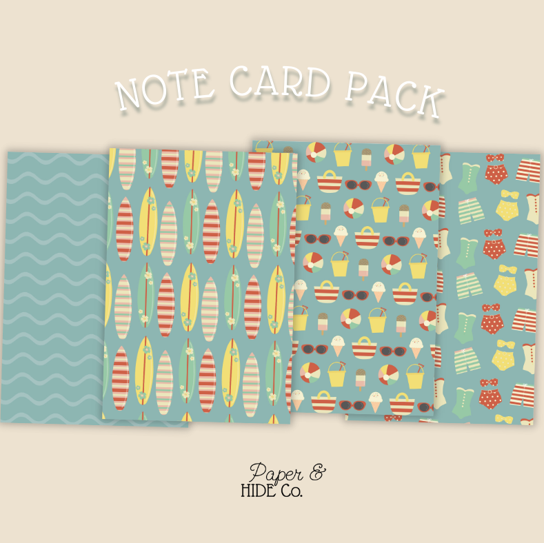 Note card pack with colorful patterns on a beige background, featuring the brand 'Paper & Hide Co'.