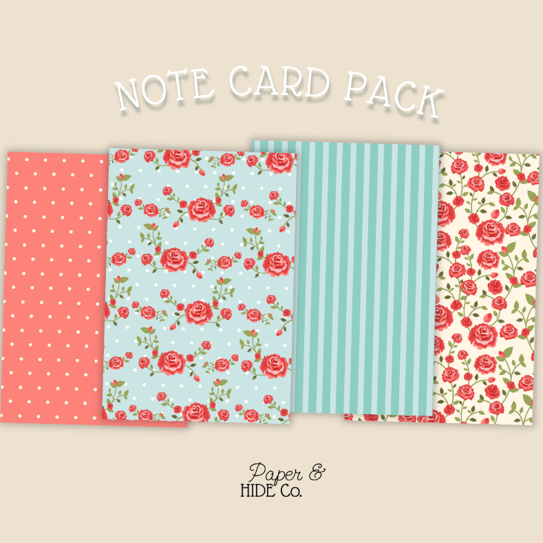 Note card pack with floral and polka dot designs on a beige background, featuring the brand 'Paper & Hide Co'.