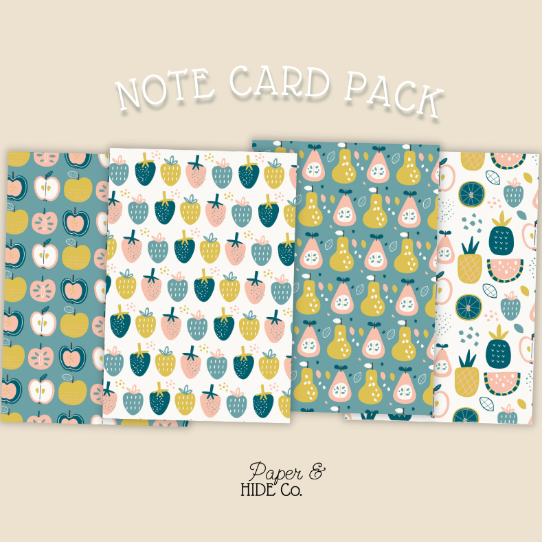 Note card pack with various patterns on a beige background, featuring the brand 'Paper & Hide Co'.