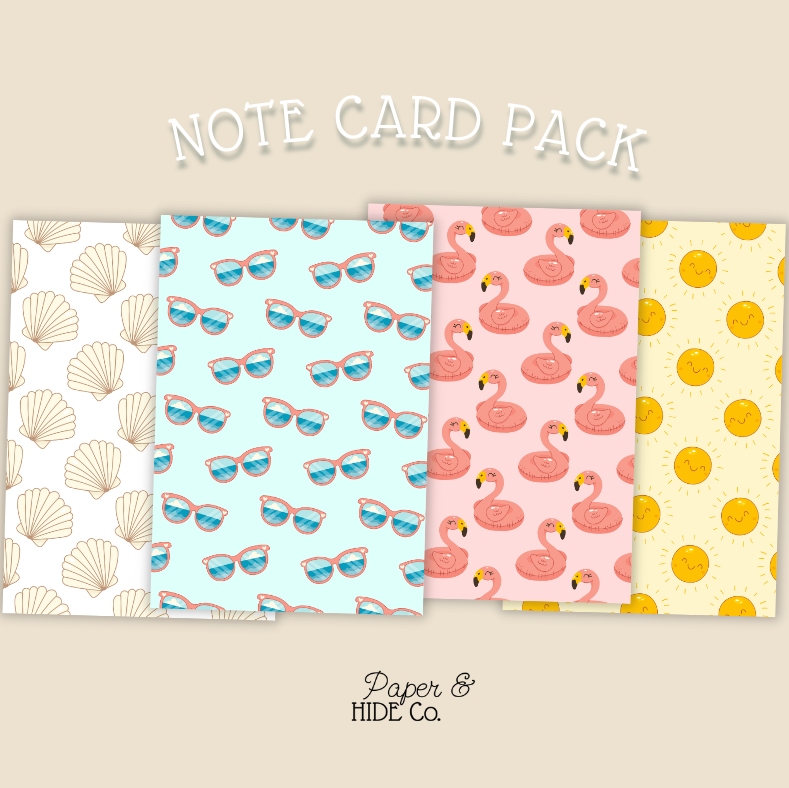 Note card pack with four different designs on a beige background, featuring shell pattern, sunglasses pattern, flamingo pattern, and polka dot pattern. Brand 'Paper & Hide Co' is visible.