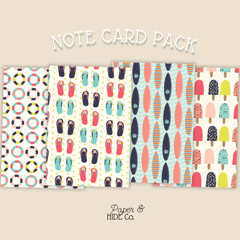 Note card pack with colorful patterns on a beige background, featuring the brand 'Paper & Hide Co'.
