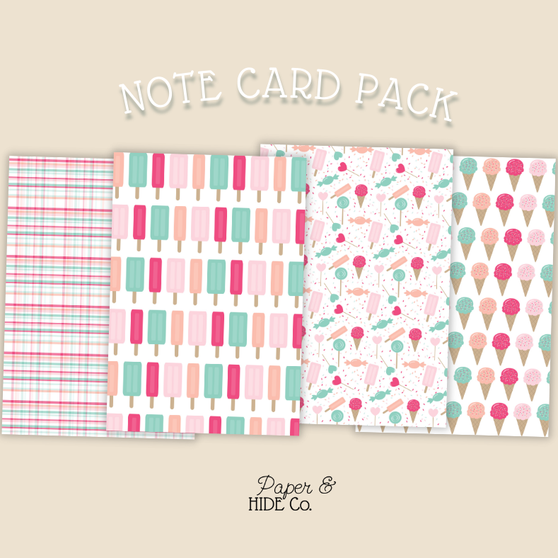 Note card pack with various patterns on a beige background, featuring the brand 'Paper & Hide Co'.