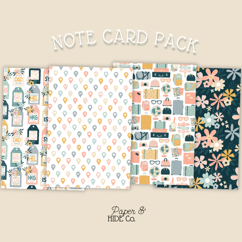 Note card pack with various patterns on a beige background, featuring the brand 'Paper & Hide Co'.