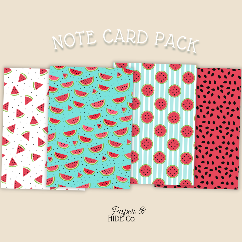 Note card pack with watermelon pattern design on a beige background