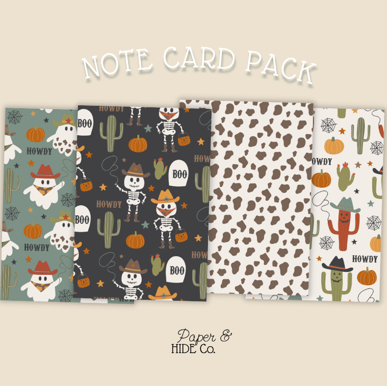 Note card pack with Halloween and cowboy designs on a beige background, featuring the brand 'Paper & Hide Co'.